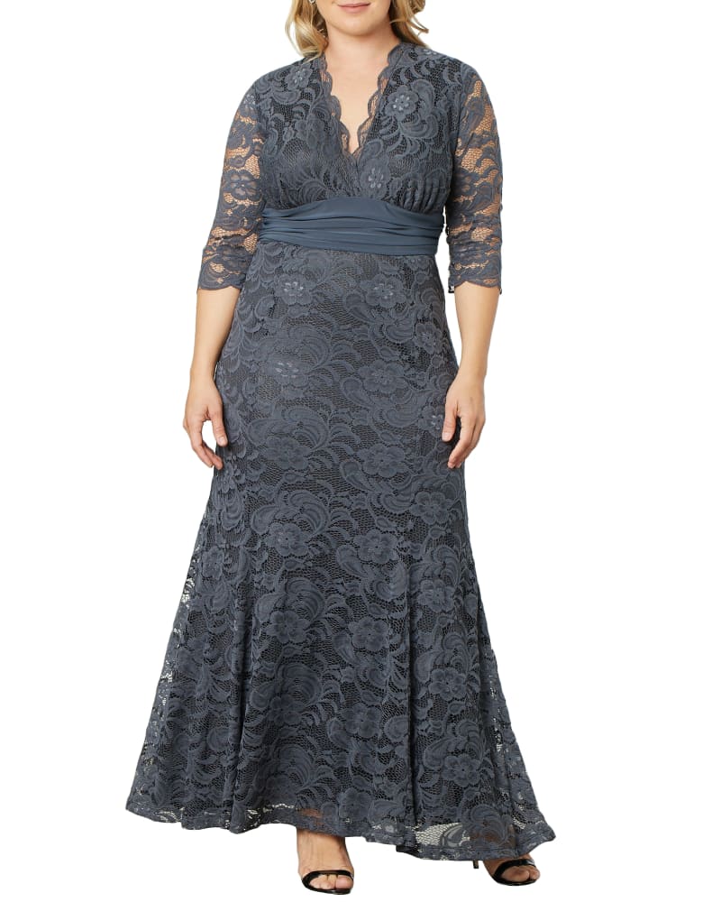 Front of a model wearing a size 0X Screen Siren Lace Evening Gown in TWILIGHT GREY by Kiyonna. | dia_product_style_image_id:270157